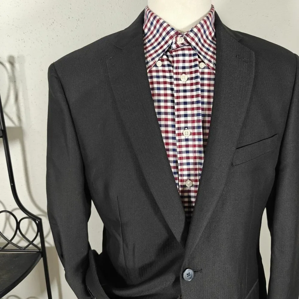 Calvin Klein Men's Sport Coat Blazer Two Button Black Herringbone Poly Blend 42R